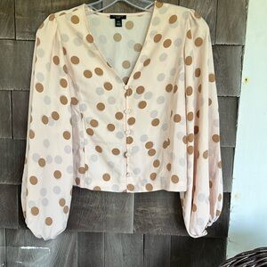 Ann Taylor factory cream colored blouse with brown polka dots
